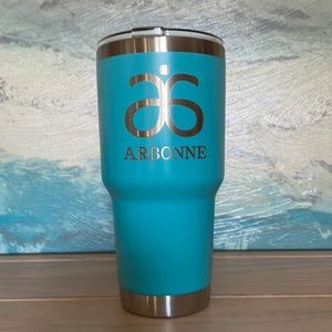 ARBONNE engraved Logo’d teal & silver insulated stainless steel tumbler lid NWT